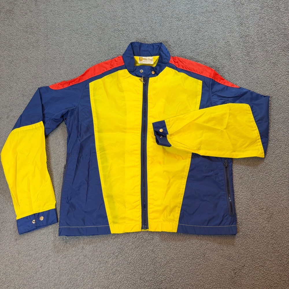 Vintage White Stag Mens Color Block Windbreaker Jacket Blue Yellow Red Retro